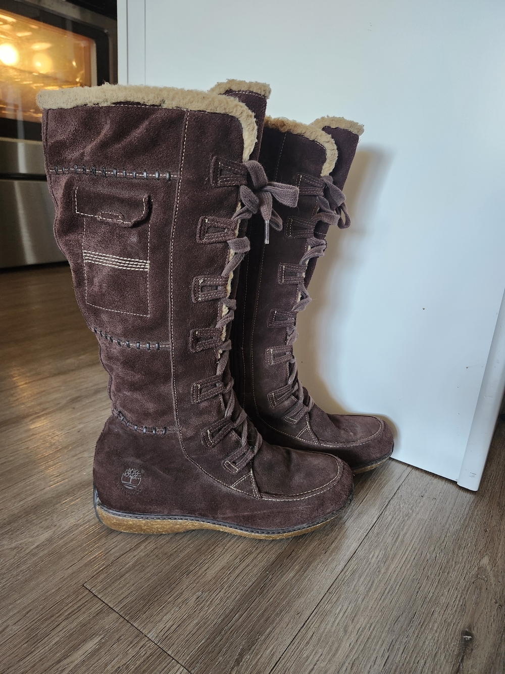 Timberland Women's Tall Brown Suede Lace-Up Winter Boots with Fur Lining - Picture 3 of 11